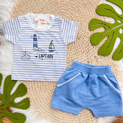 Conj. Camiseta Captain e Bermuda em Moletinho - Azul Claro